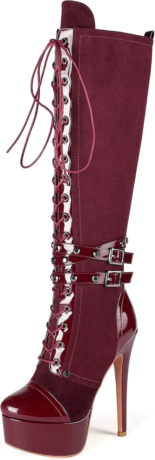 Eldof Women's Knee-High Boots Platform Lace Up High Heeled Stiletto Sexy Boot for Party