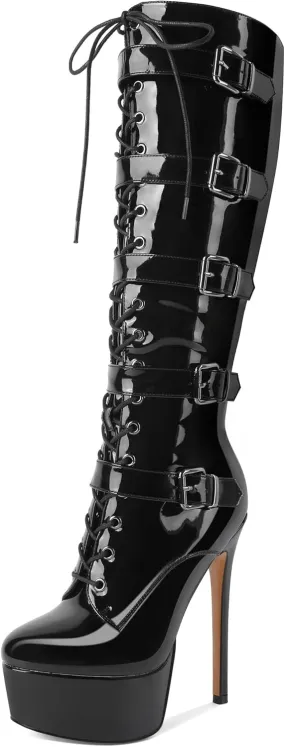 Eldof Women's Knee-High Boots Platform Lace Up High Heeled Stiletto Sexy Boot for Party