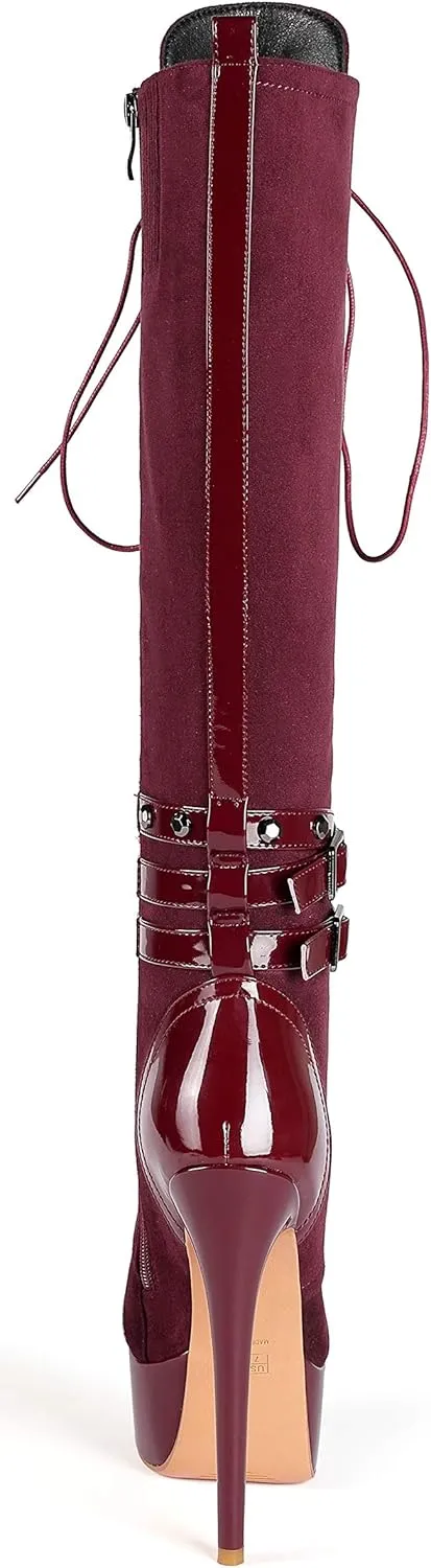 Eldof Women's Knee-High Boots Platform Lace Up High Heeled Stiletto Sexy Boot for Party