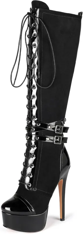 Eldof Women's Knee-High Boots Platform Lace Up High Heeled Stiletto Sexy Boot for Party