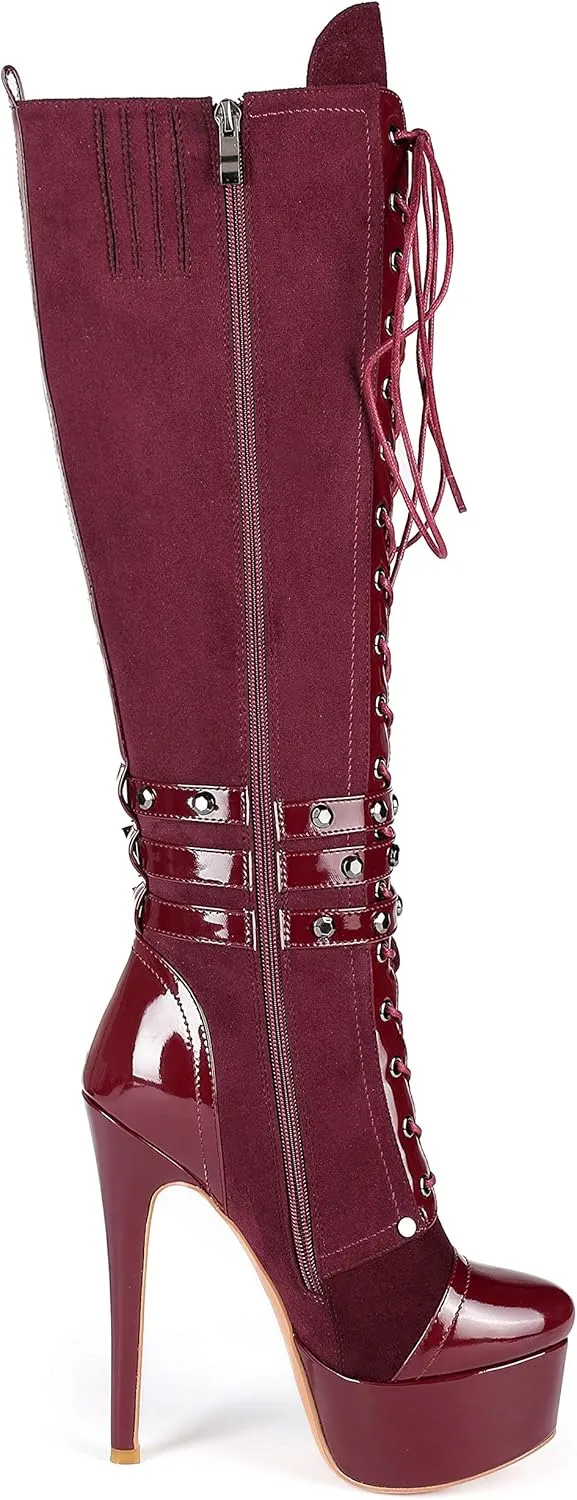Eldof Women's Knee-High Boots Platform Lace Up High Heeled Stiletto Sexy Boot for Party