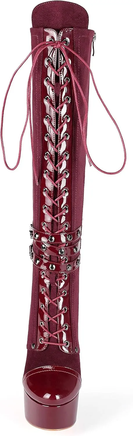Eldof Women's Knee-High Boots Platform Lace Up High Heeled Stiletto Sexy Boot for Party