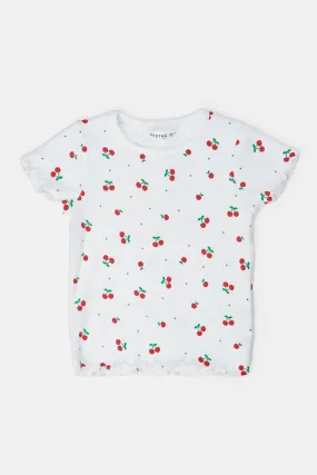 Infant Girls White Cherry All Over Print Rib T Shirt