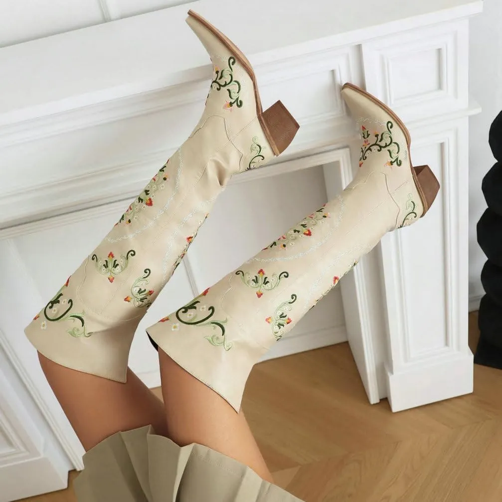 KOKOMOMO Floral Cowgirl Boots Chunky Thigh High Cowboy Over The Knee Embroidered Cowgirl Flower Boots