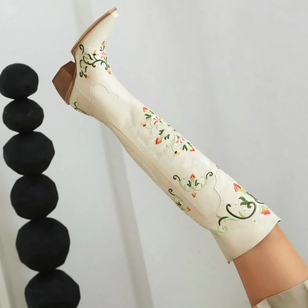KOKOMOMO Floral Cowgirl Boots Chunky Thigh High Cowboy Over The Knee Embroidered Cowgirl Flower Boots