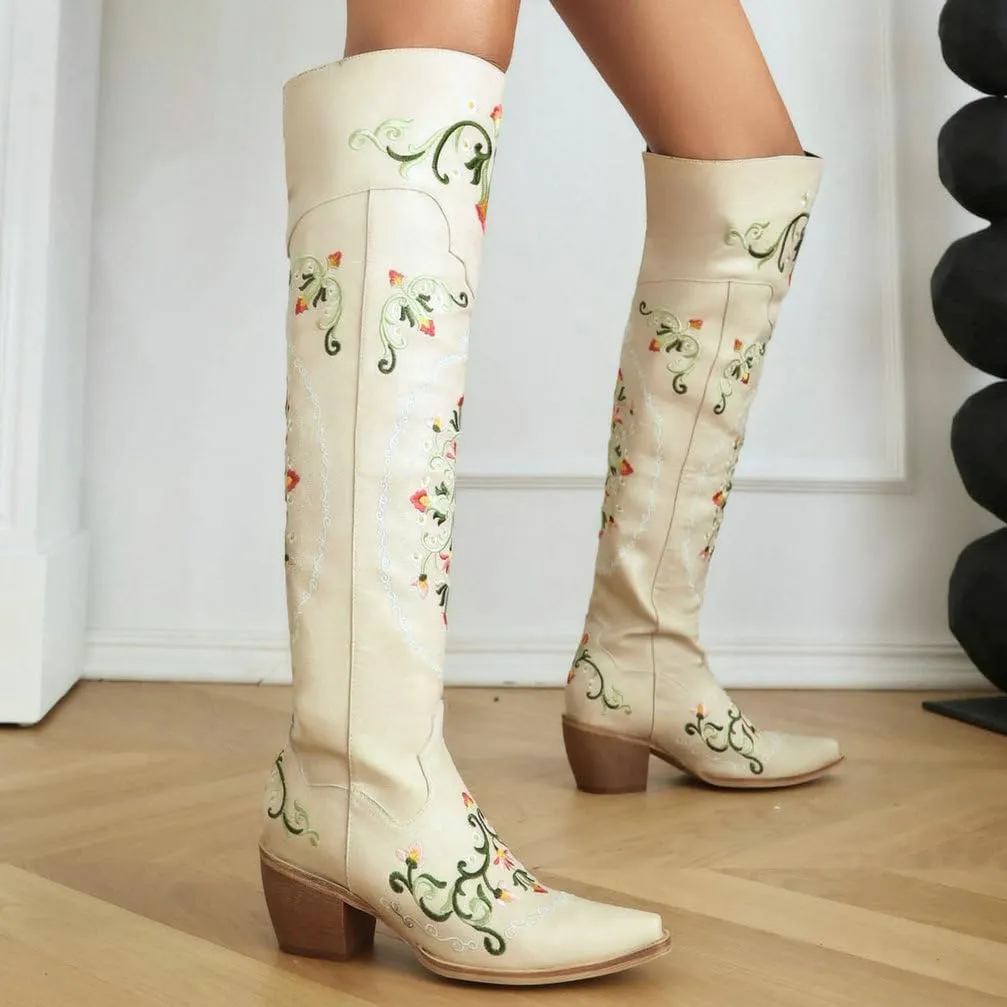 KOKOMOMO Floral Cowgirl Boots Chunky Thigh High Cowboy Over The Knee Embroidered Cowgirl Flower Boots