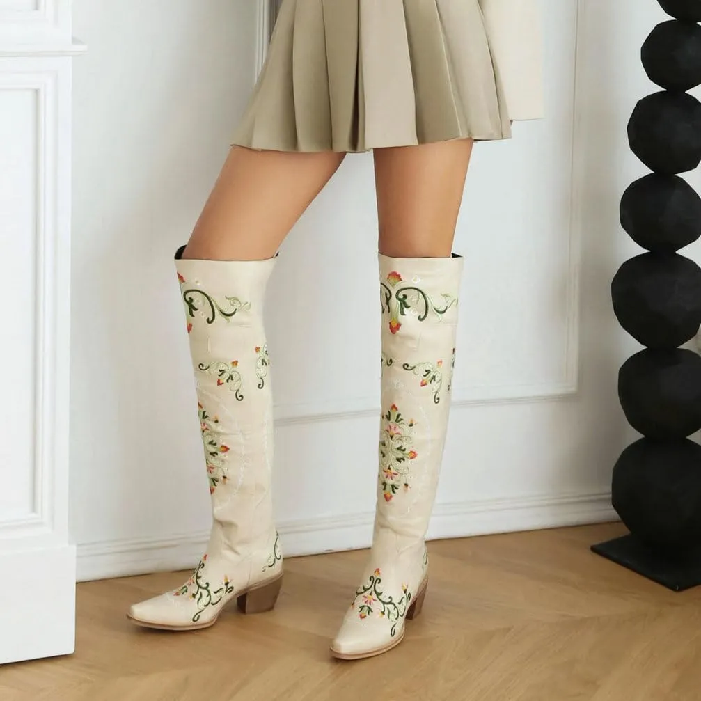 KOKOMOMO Floral Cowgirl Boots Chunky Thigh High Cowboy Over The Knee Embroidered Cowgirl Flower Boots