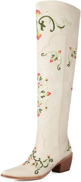 KOKOMOMO Floral Cowgirl Boots Chunky Thigh High Cowboy Over The Knee Embroidered Cowgirl Flower Boots
