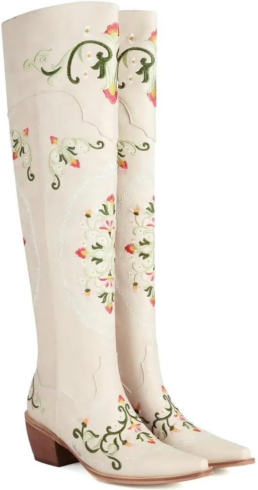 KOKOMOMO Floral Cowgirl Boots Chunky Thigh High Cowboy Over The Knee Embroidered Cowgirl Flower Boots
