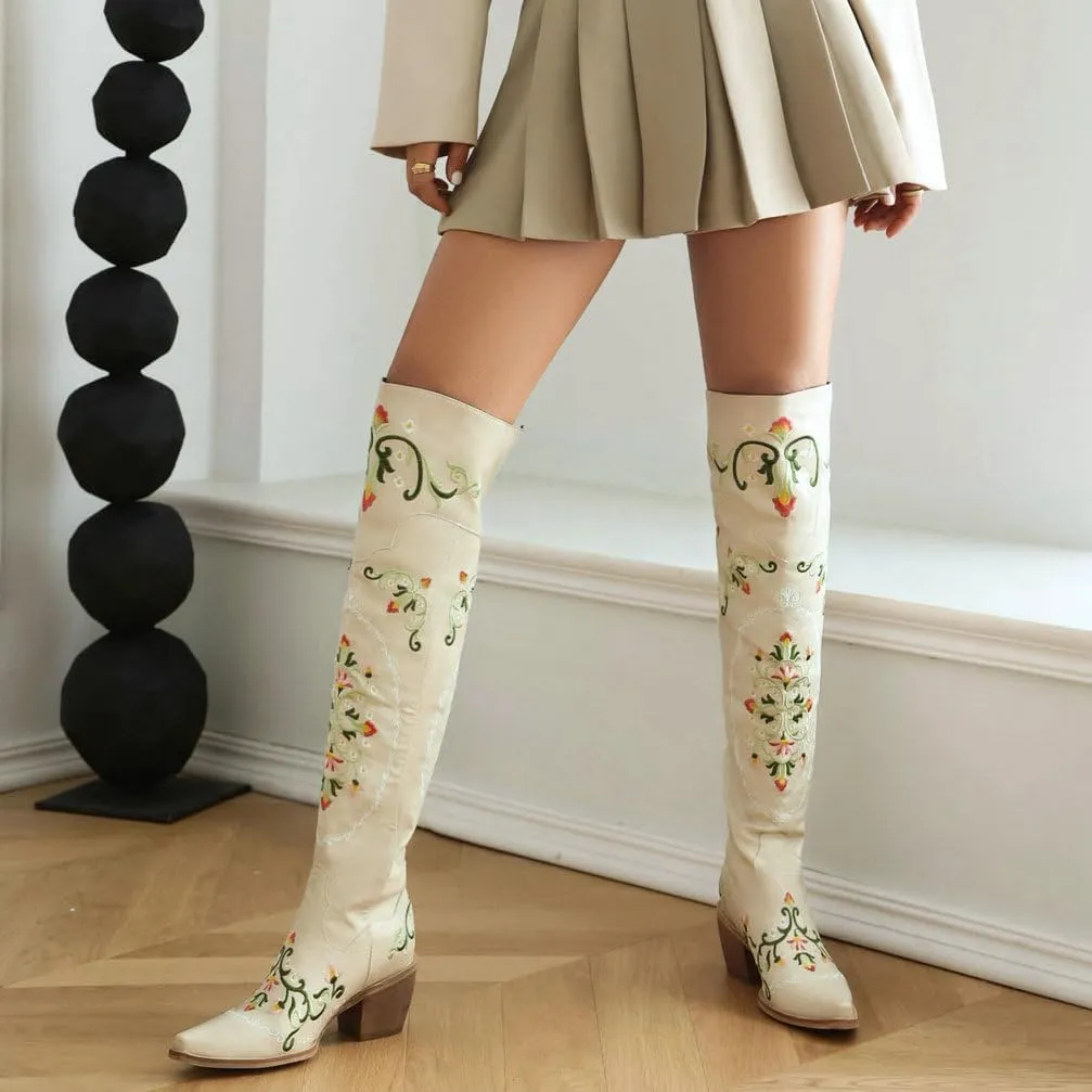 KOKOMOMO Floral Cowgirl Boots Chunky Thigh High Cowboy Over The Knee Embroidered Cowgirl Flower Boots