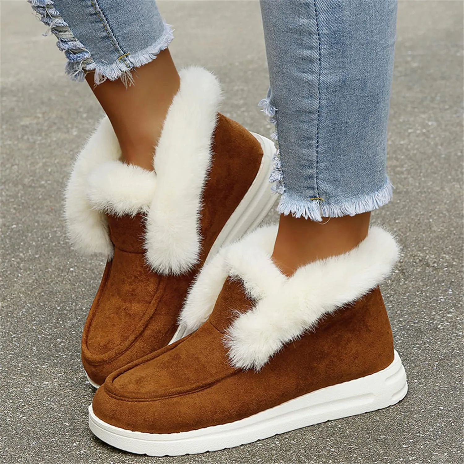 Ladmiple Boots for Women Ankle Booties with Fur Warm Winter Snow Boots Outdoor Slip On Comfortable Fashion Walking Shoes