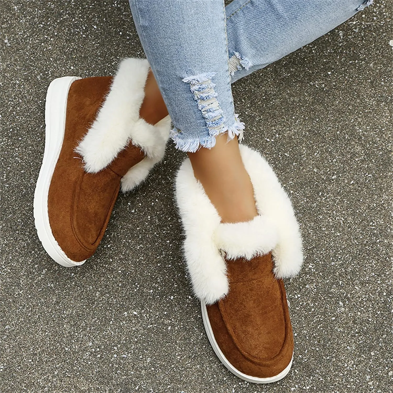 Ladmiple Boots for Women Ankle Booties with Fur Warm Winter Snow Boots Outdoor Slip On Comfortable Fashion Walking Shoes