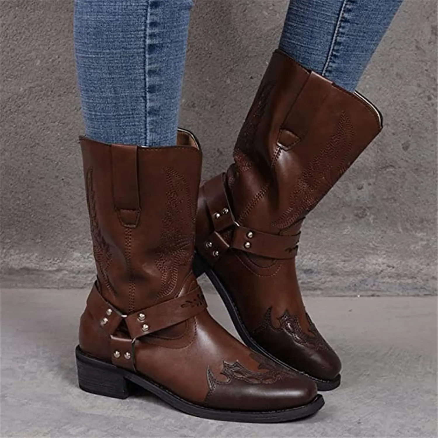 Lausiuoe Boots For Women Low Heel Sexy Cowboy Boots Western Cowgirl Fashion Knee High Embroidered Chunky Heel Booties
