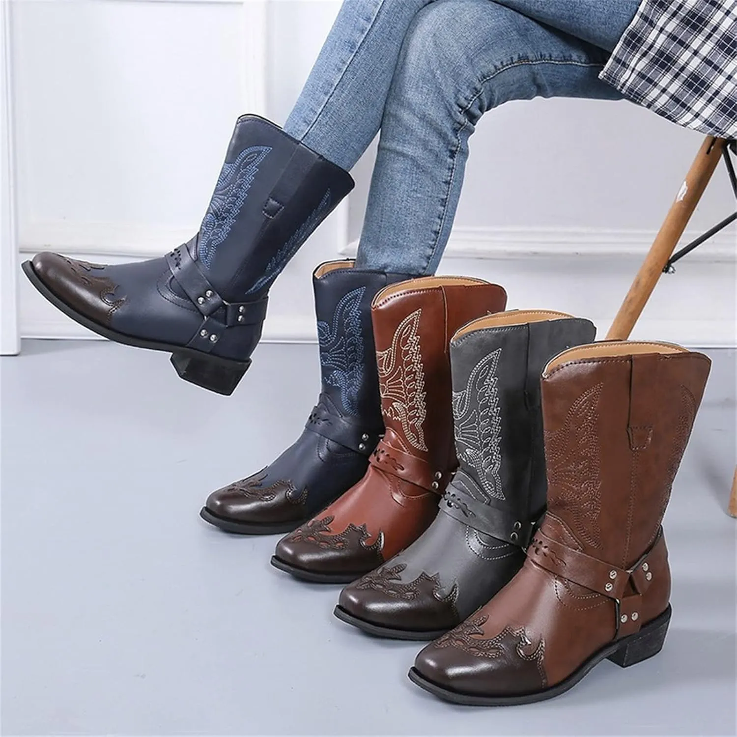 Lausiuoe Boots For Women Low Heel Sexy Cowboy Boots Western Cowgirl Fashion Knee High Embroidered Chunky Heel Booties
