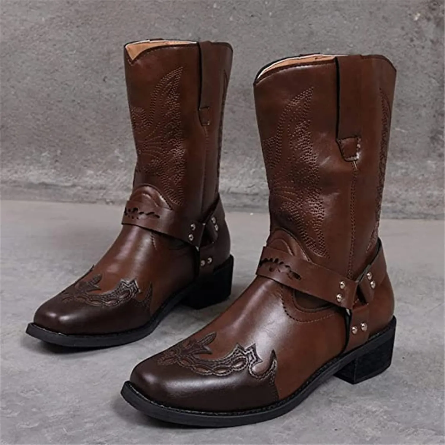 Lausiuoe Boots For Women Low Heel Sexy Cowboy Boots Western Cowgirl Fashion Knee High Embroidered Chunky Heel Booties