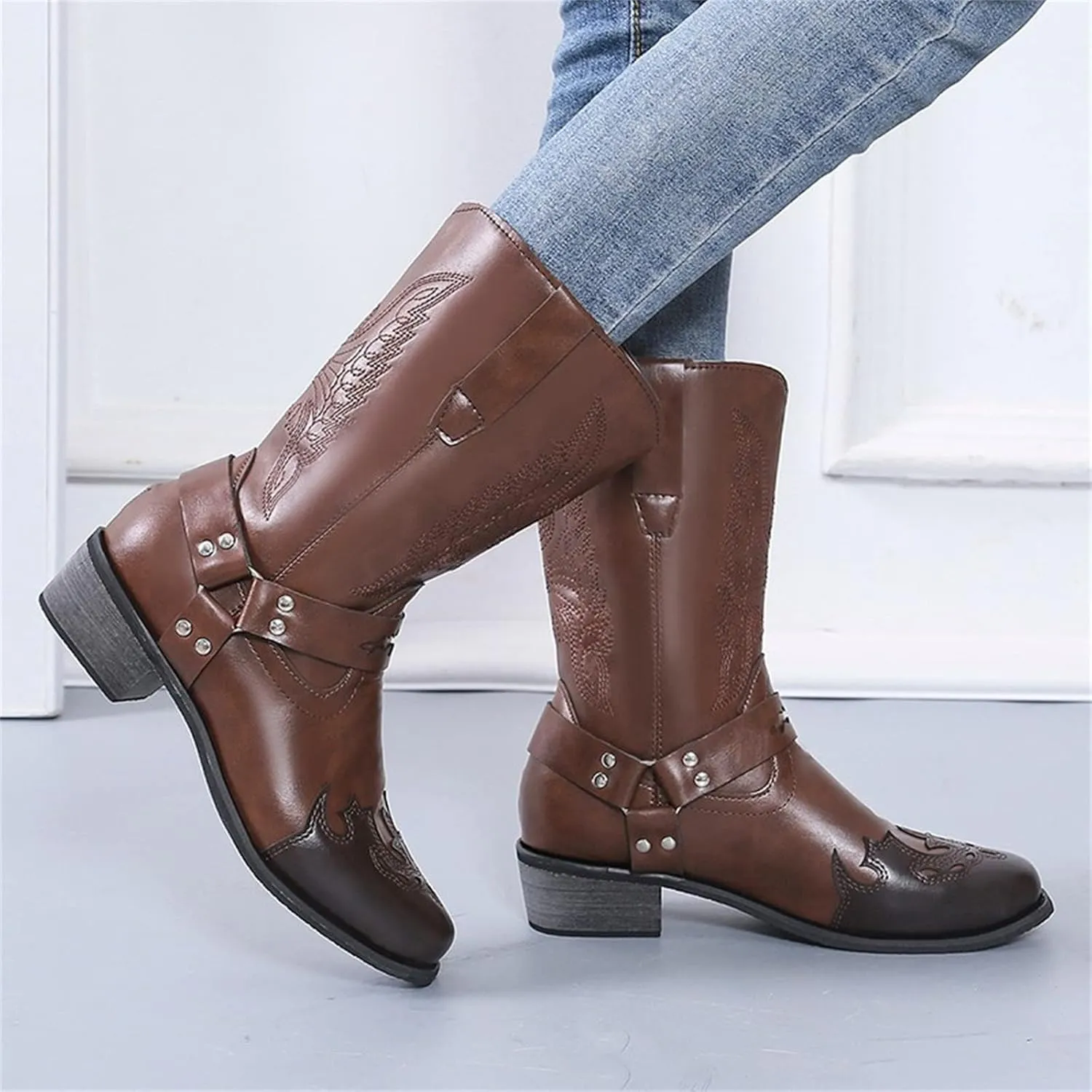 Lausiuoe Boots For Women Low Heel Sexy Cowboy Boots Western Cowgirl Fashion Knee High Embroidered Chunky Heel Booties