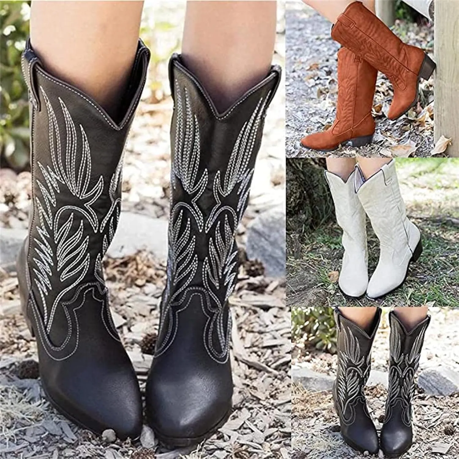 Lausiuoe Cowboy Boots For Women Knee High Wide Calf Embroidered Western Chunky Heel Pointed Toe Cowgirl Style Retro Boot