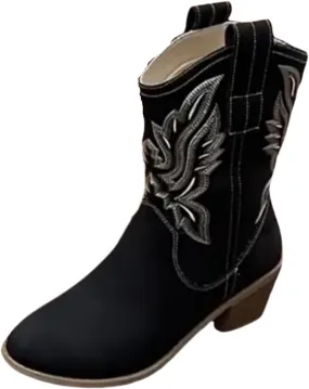 Lausiuoe Cowboy Boots For Women Knee High Wide Calf Pointed Toe Embroidered Western Cowgirl Style Chunky Heel Boot