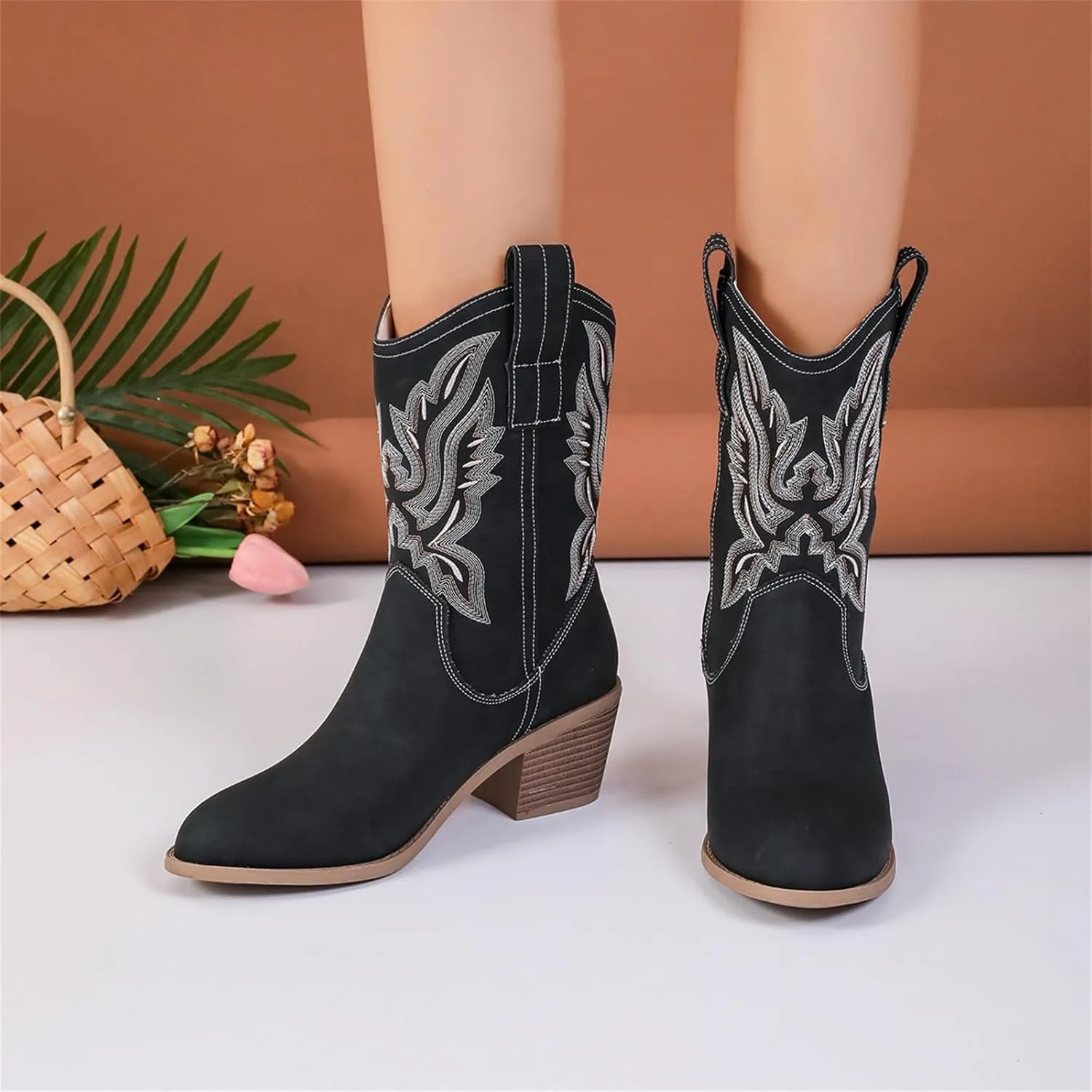 Lausiuoe Cowboy Boots For Women Knee High Wide Calf Pointed Toe Embroidered Western Cowgirl Style Chunky Heel Boot