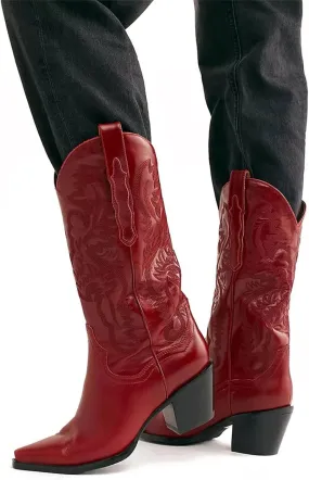 Lausiuoe Cowboy Boots For Women Knee High Wide Calf Western Cowgirl Boots Embroidered Pointed Toe Chunky Heel Retro Boot