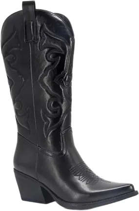 Lausiuoe Cowboy Boots For Women Leather Embroidered Cowgirl Knee High Western Wide Calf Fashion Classic Chunky Booties