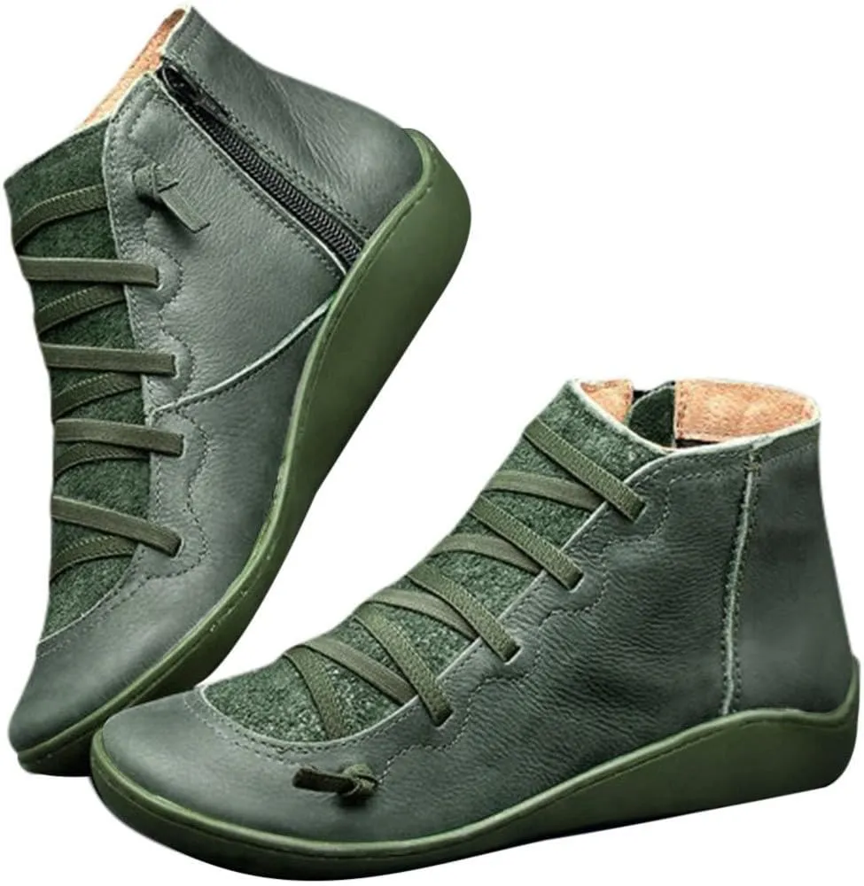 Leather Ankle Boots Comfortable Boots for Women Retro Round Toe Lace up Flat Short Boots No Heel Lightweight Comfy