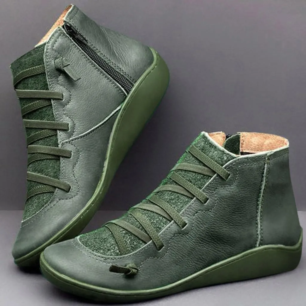 Leather Ankle Boots Comfortable Boots for Women Retro Round Toe Lace up Flat Short Boots No Heel Lightweight Comfy