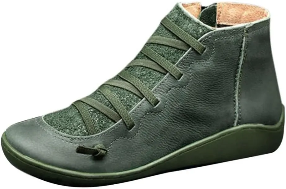 Leather Ankle Boots Comfortable Boots for Women Retro Round Toe Lace up Flat Short Boots No Heel Lightweight Comfy