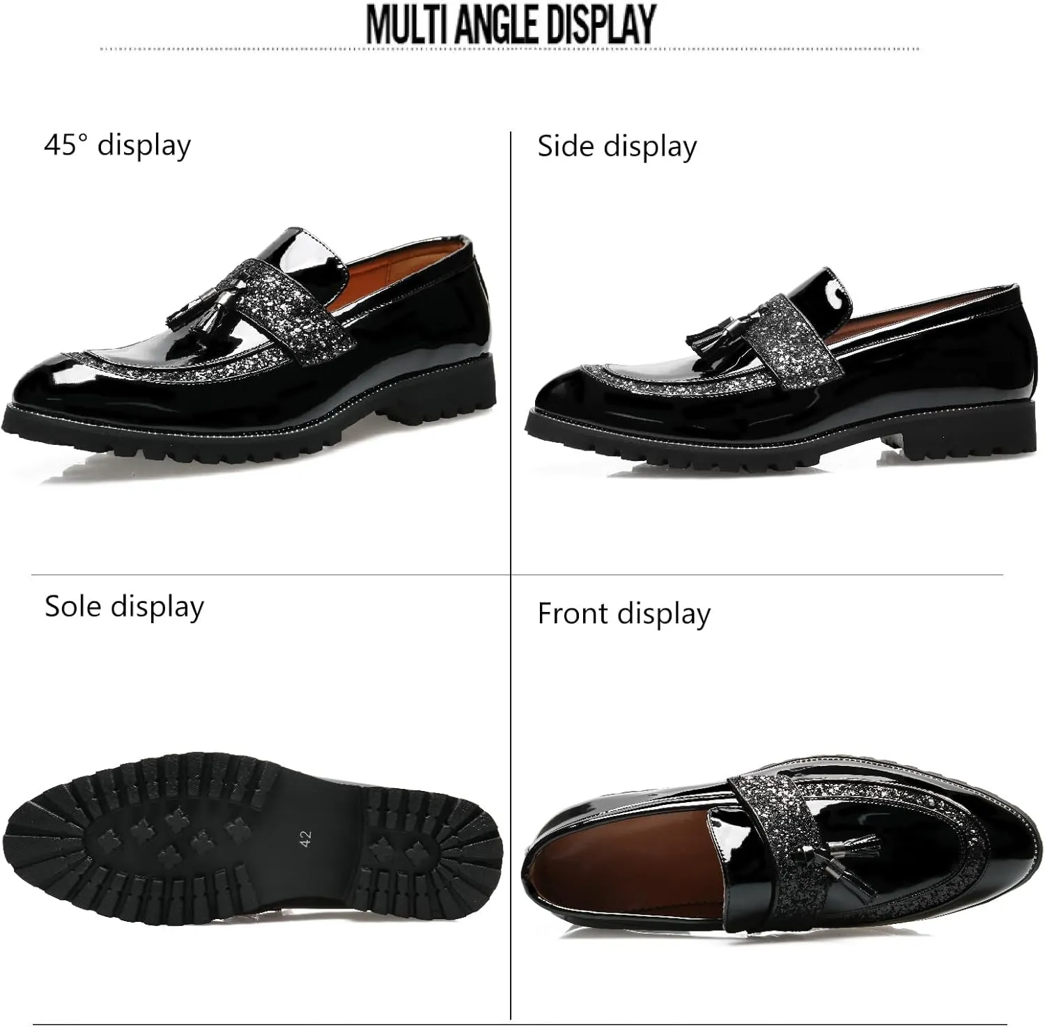 Men's Patent Leather Tassel Slip-On Loafers Fashion Sequins Pointed Toe Non-Slip Lug Sole Chunky Heel Penny Loafers for Business Formal Party Work Dress Shoes