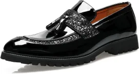 Men's Patent Leather Tassel Slip-On Loafers Fashion Sequins Pointed Toe Non-Slip Lug Sole Chunky Heel Penny Loafers for Business Formal Party Work Dress Shoes