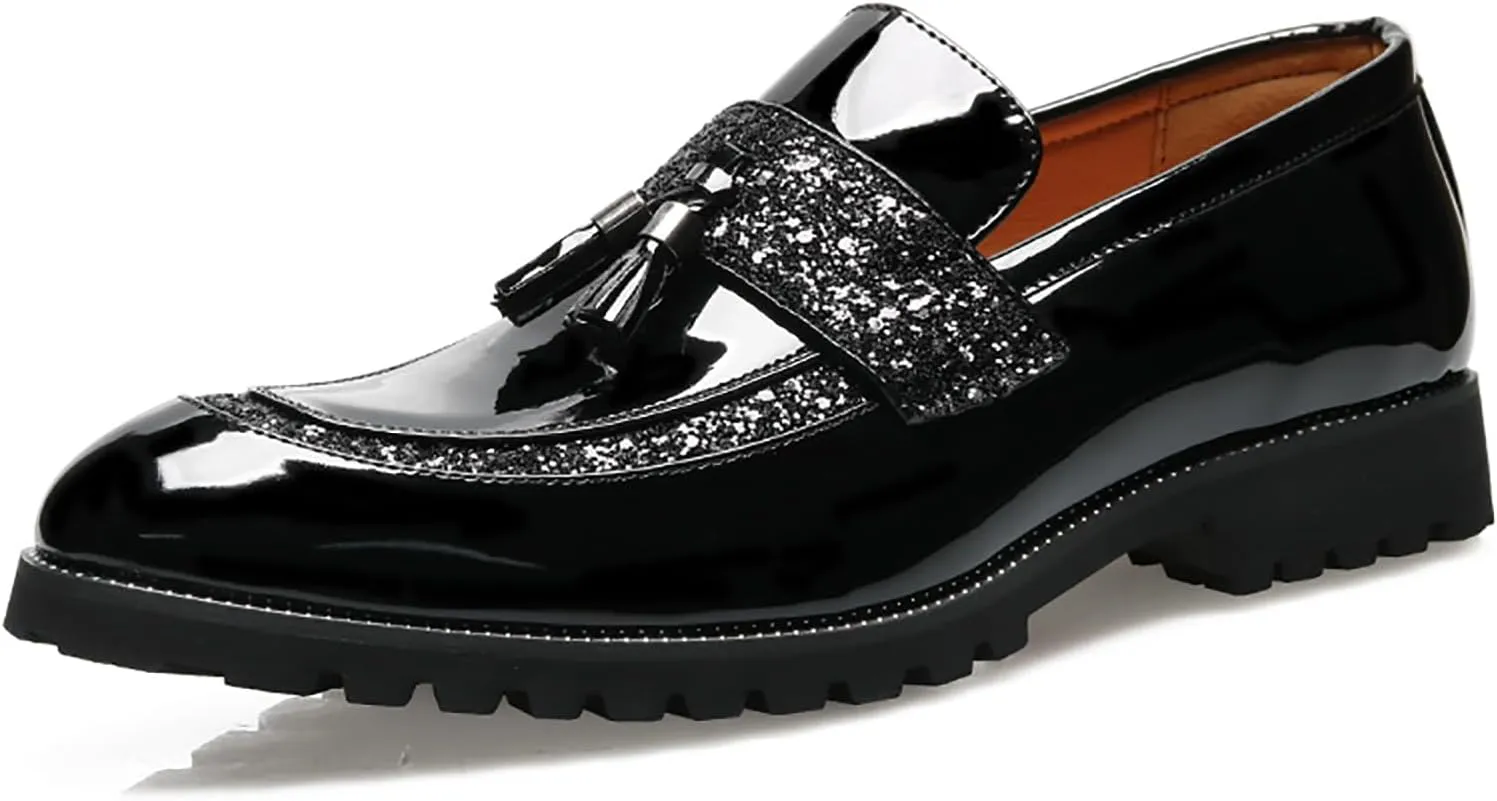 Men's Patent Leather Tassel Slip-On Loafers Fashion Sequins Pointed Toe Non-Slip Lug Sole Chunky Heel Penny Loafers for Business Formal Party Work Dress Shoes