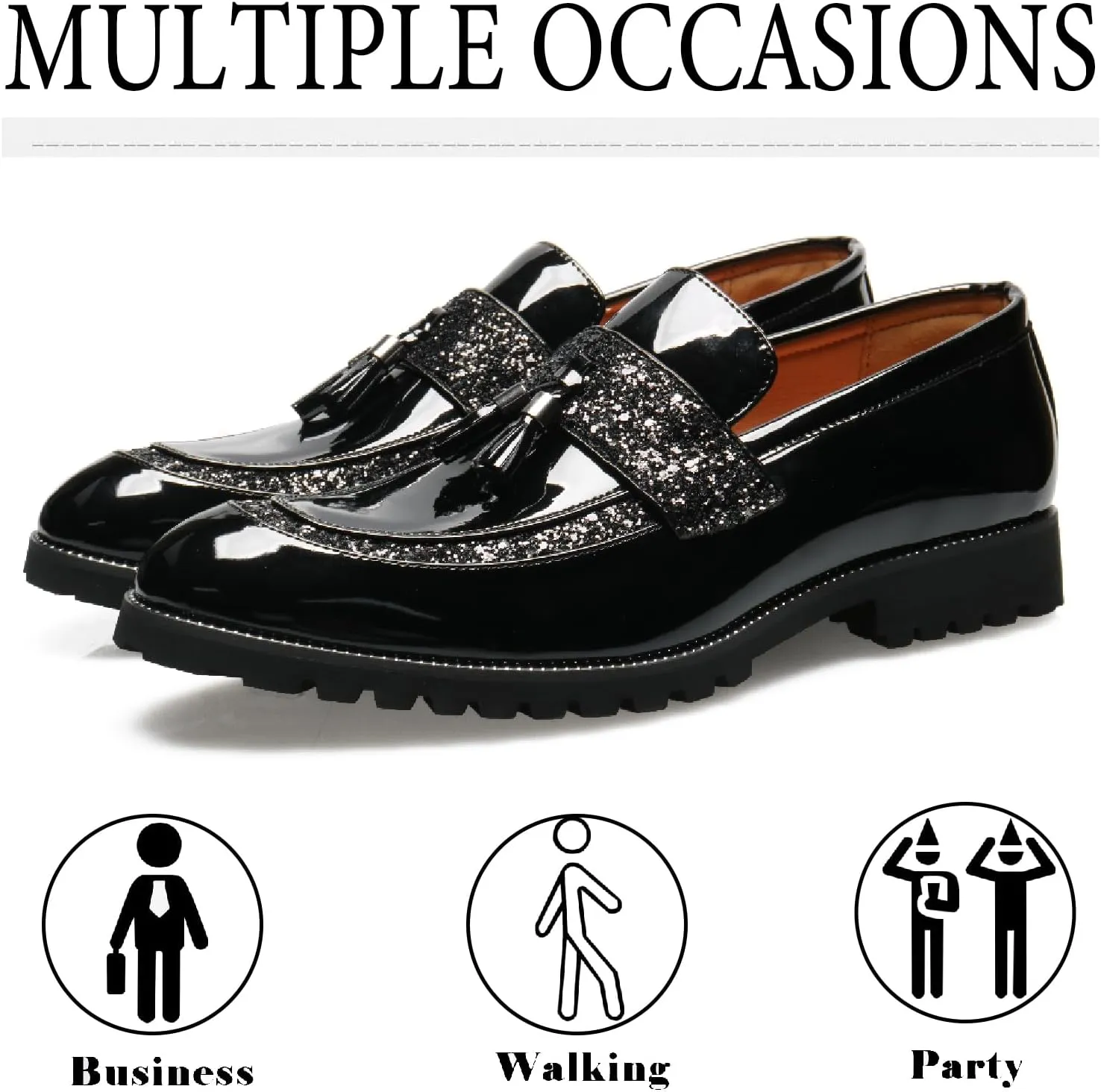 Men's Patent Leather Tassel Slip-On Loafers Fashion Sequins Pointed Toe Non-Slip Lug Sole Chunky Heel Penny Loafers for Business Formal Party Work Dress Shoes