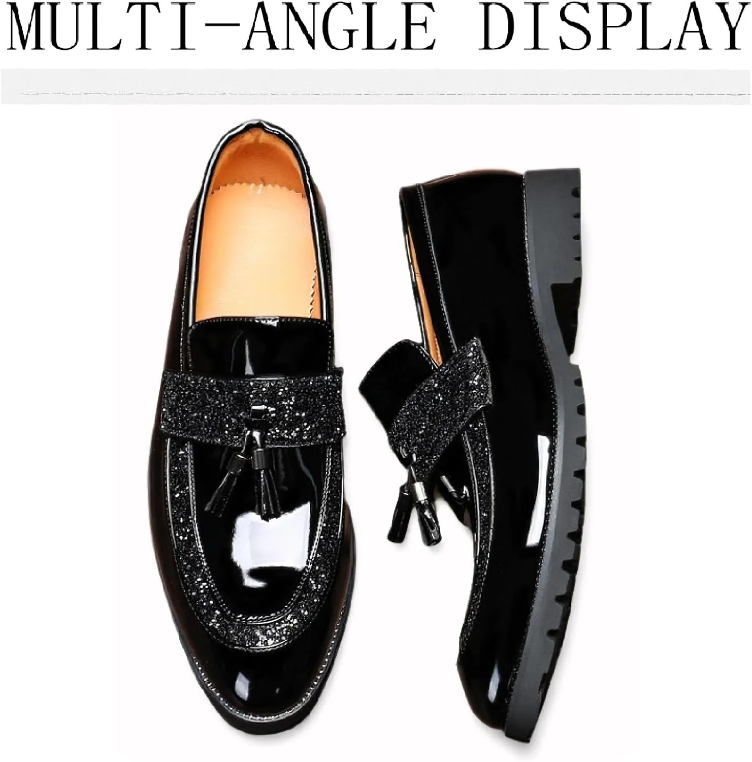Men's Patent Leather Tassel Slip-On Loafers Fashion Sequins Pointed Toe Non-Slip Lug Sole Chunky Heel Penny Loafers for Business Formal Party Work Dress Shoes