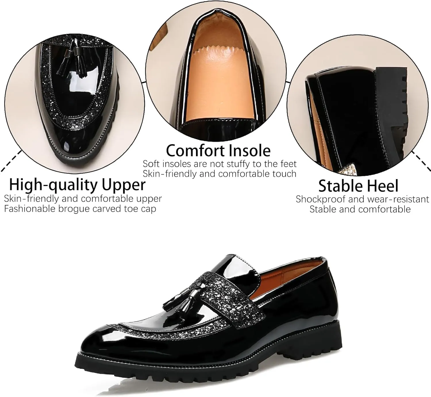 Men's Patent Leather Tassel Slip-On Loafers Fashion Sequins Pointed Toe Non-Slip Lug Sole Chunky Heel Penny Loafers for Business Formal Party Work Dress Shoes
