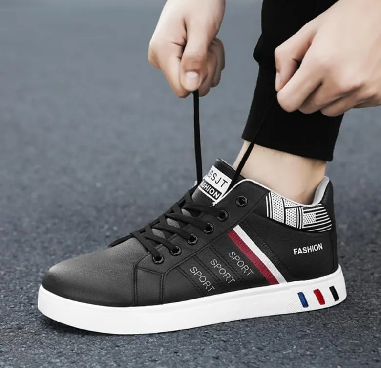Men's Solid Color High Top Skateboarding Sneakers, Durable Non-Slip Lace-Up Shoes for Outdoor Activities