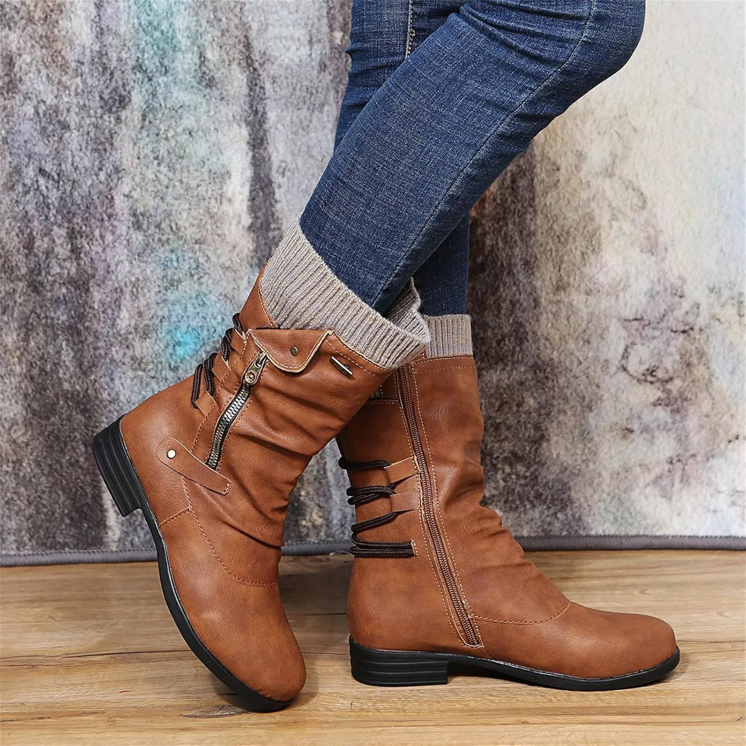 Motorcycle Boots Women Riding Combat Mid-Calf Boots Side Zipper Military Shoes Low Heel Biker Western Ankle Booties