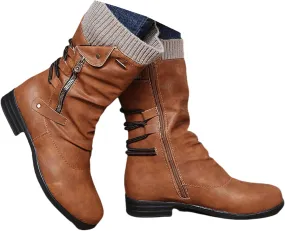 Motorcycle Boots Women Riding Combat Mid-Calf Boots Side Zipper Military Shoes Low Heel Biker Western Ankle Booties