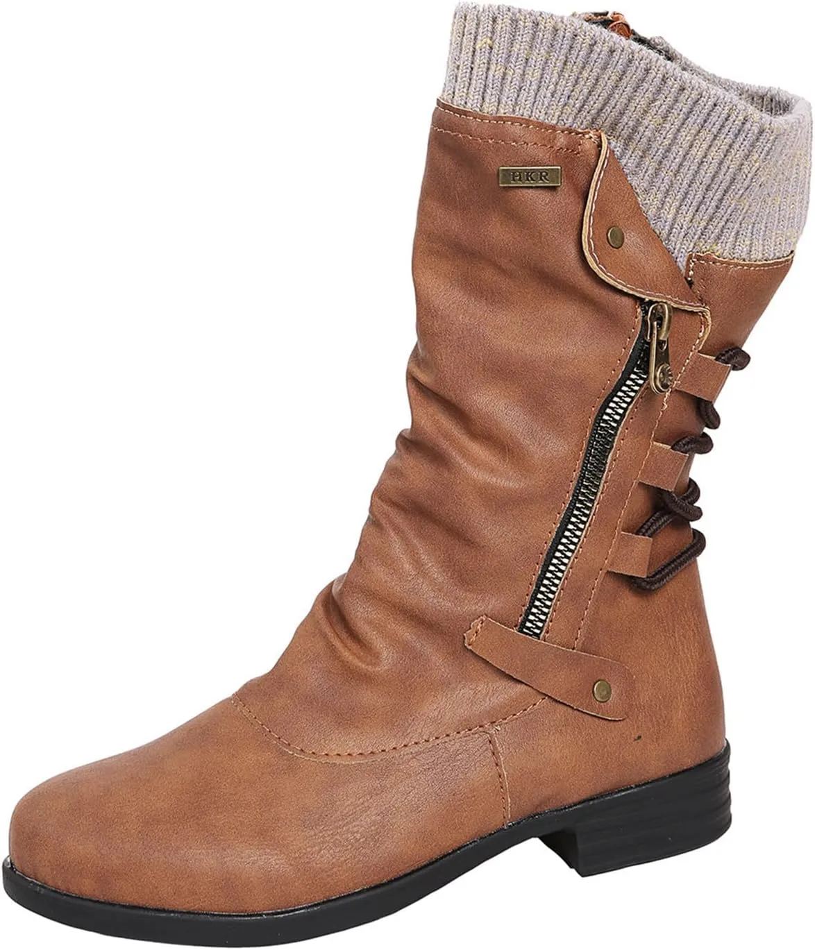 Motorcycle Boots Women Riding Combat Mid-Calf Boots Side Zipper Military Shoes Low Heel Biker Western Ankle Booties