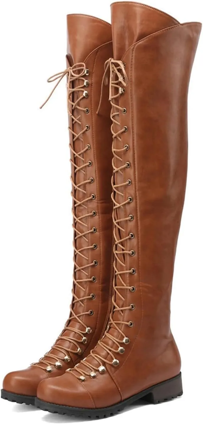 Over The Knee High Boots Lace up Flat Long Boot Winter PU Leather Riding Boot Fashion Buckle Knee High Combat Boots