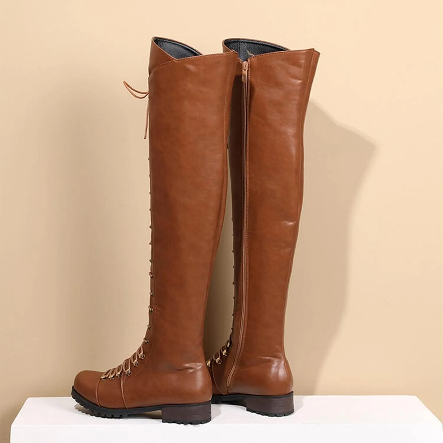 Over The Knee High Boots Lace up Flat Long Boot Winter PU Leather Riding Boot Fashion Buckle Knee High Combat Boots