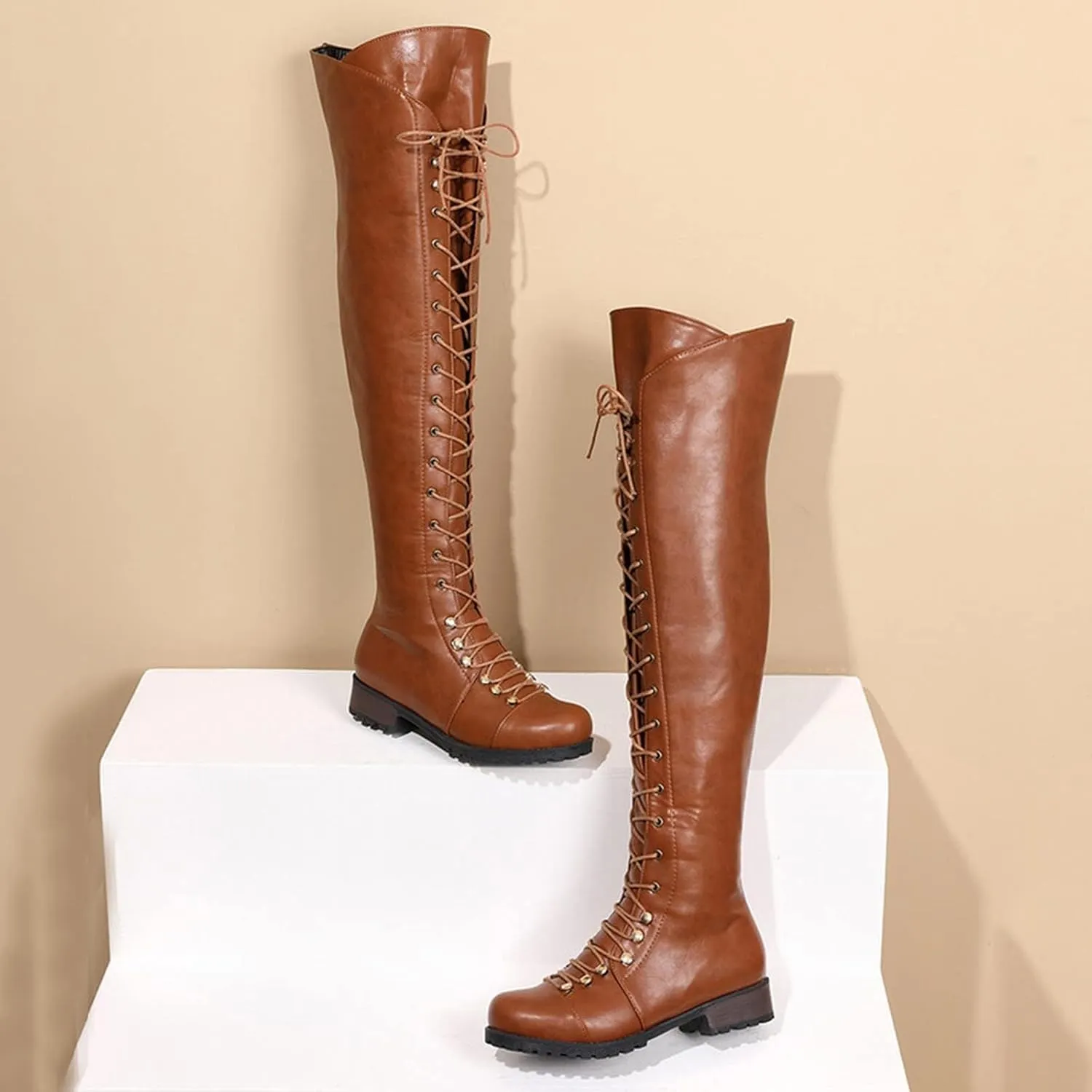 Over The Knee High Boots Lace up Flat Long Boot Winter PU Leather Riding Boot Fashion Buckle Knee High Combat Boots