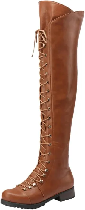 Over The Knee High Boots Lace up Flat Long Boot Winter PU Leather Riding Boot Fashion Buckle Knee High Combat Boots