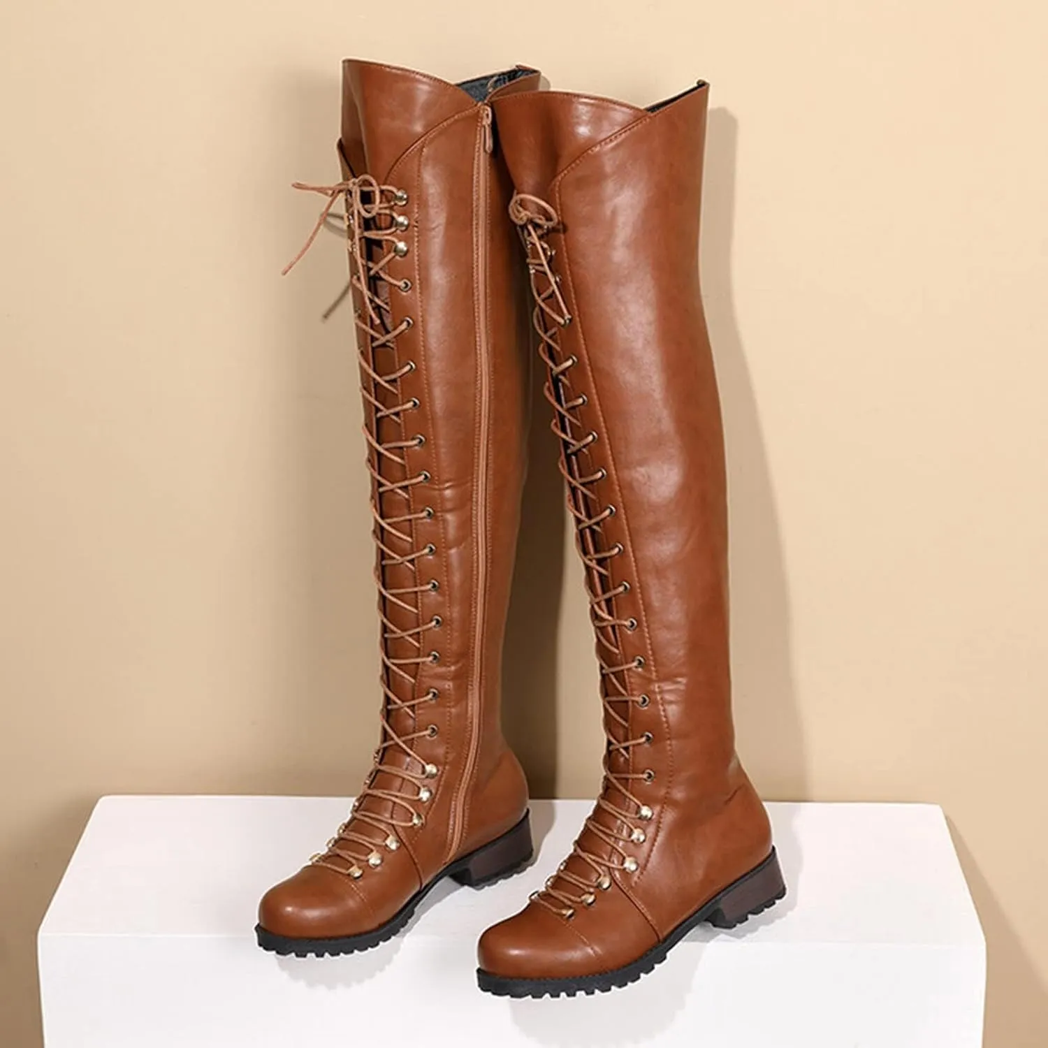 Over The Knee High Boots Lace up Flat Long Boot Winter PU Leather Riding Boot Fashion Buckle Knee High Combat Boots