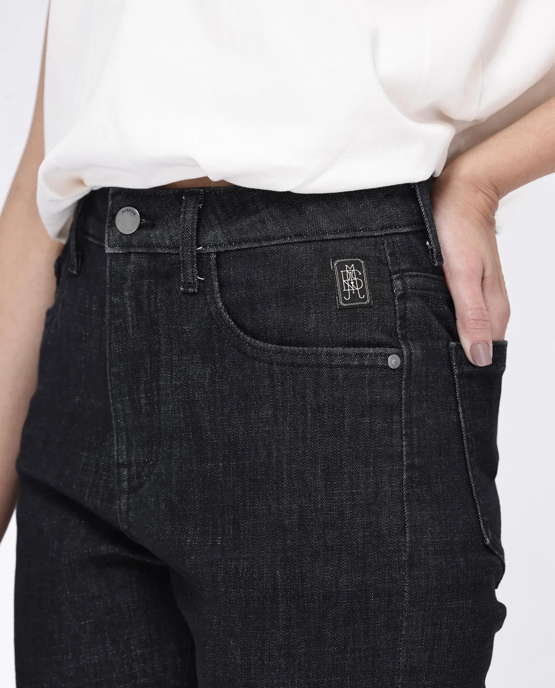 Rareism Women Zaisho Black Cotton Elastane Fabric Solid Regular Length Jeans