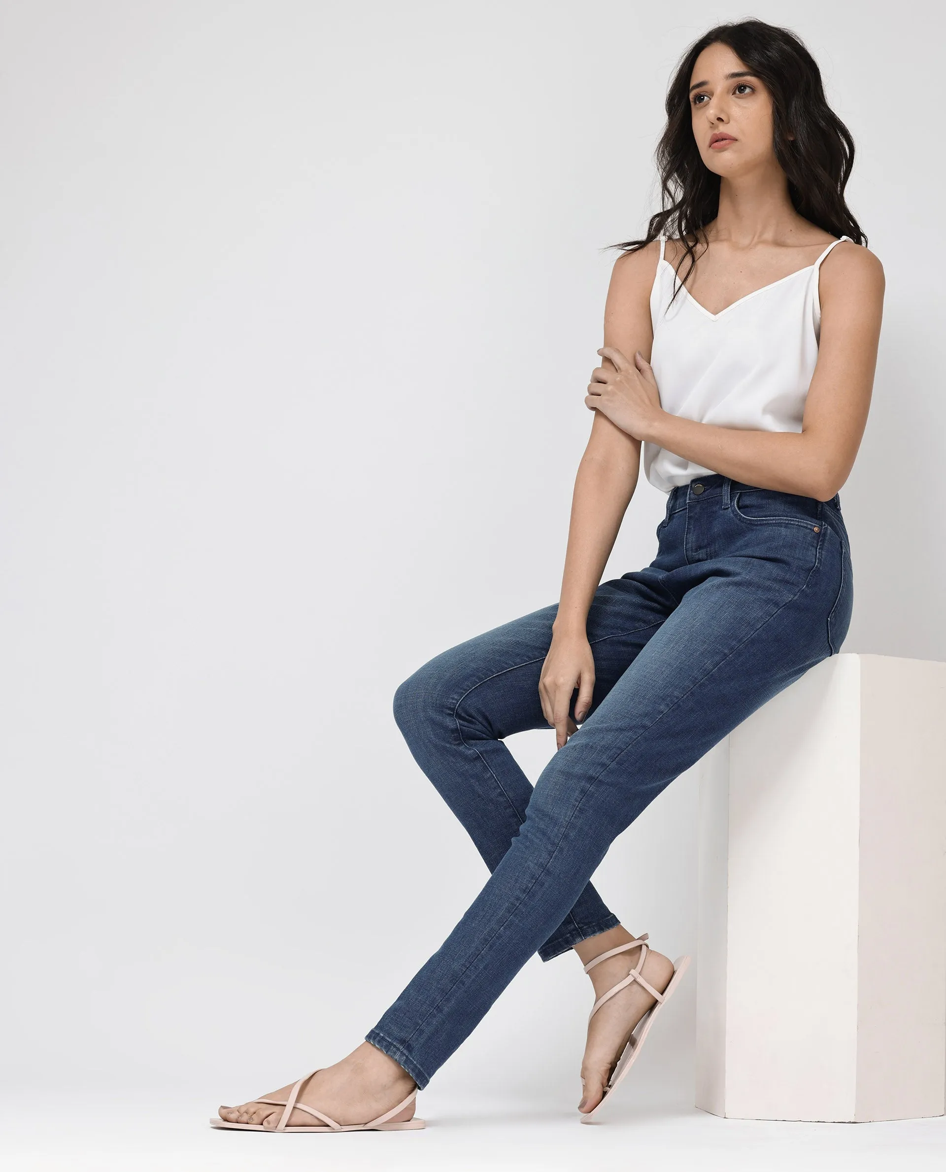 Rareism Women Zaisho Blue Cotton Elastane Fabric Solid Regular Length Jeans