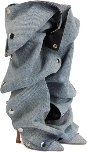 THESHY Women's Denim Knee High Boots Buttons Fashion Thigh High Boots Pointed Toe Stiletto High Heel Pleated Fold Over Party Dress Jean Boots for Women