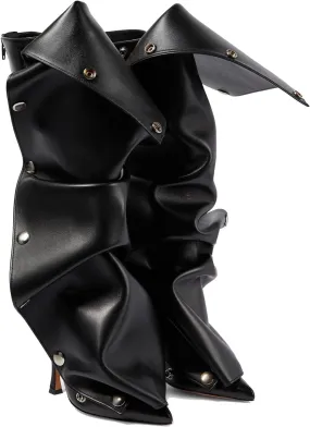 THESHY Women's Denim Knee High Boots Buttons Fashion Thigh High Boots Pointed Toe Stiletto High Heel Pleated Fold Over Party Dress Jean Boots for Women