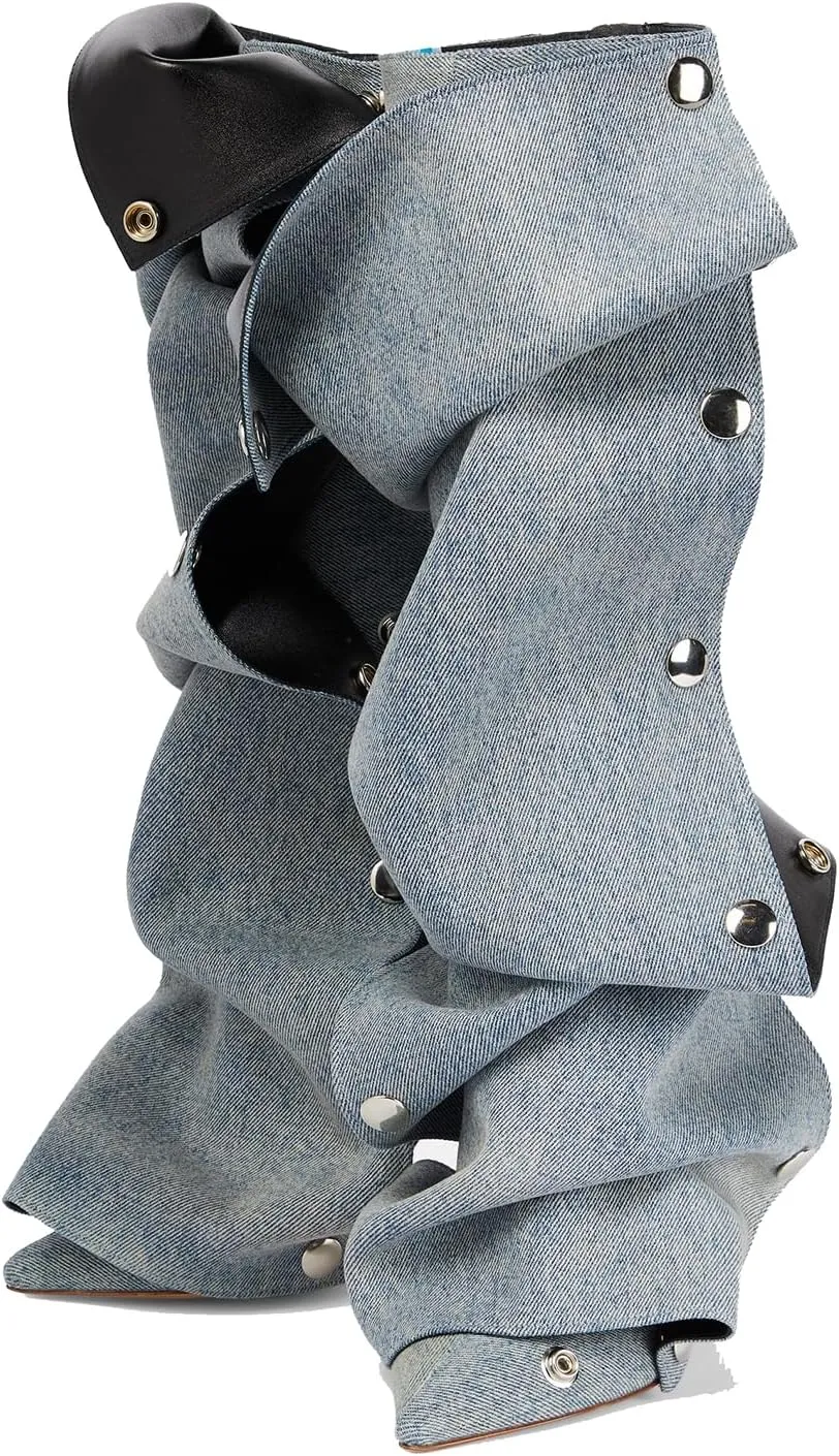 THESHY Women's Denim Knee High Boots Buttons Fashion Thigh High Boots Pointed Toe Stiletto High Heel Pleated Fold Over Party Dress Jean Boots for Women