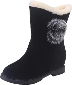 Winter Snow Boots for Women Vintage Suede Low Heel Round Toe Boot Cuffed Plush Lined Boots Slip On Mid Calf Chunky Warm Shoes Waterproof Classic Outdoor Comfortable Boots