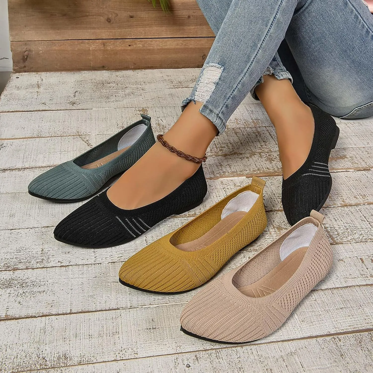 Womens Flats Summer Knit Walking Shoes Breathable Soft Mesh Loafers Athletic Ballet Flats Classic Dress Slip On Shoe